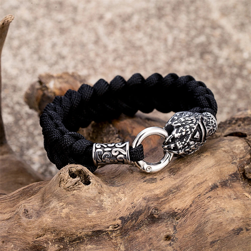 Vikings Runes Bear Claw Survival Bracelet Stainless Steel Norse Wolf Braided Paracord Rope Wristband Men Charm Handmade Jewelry