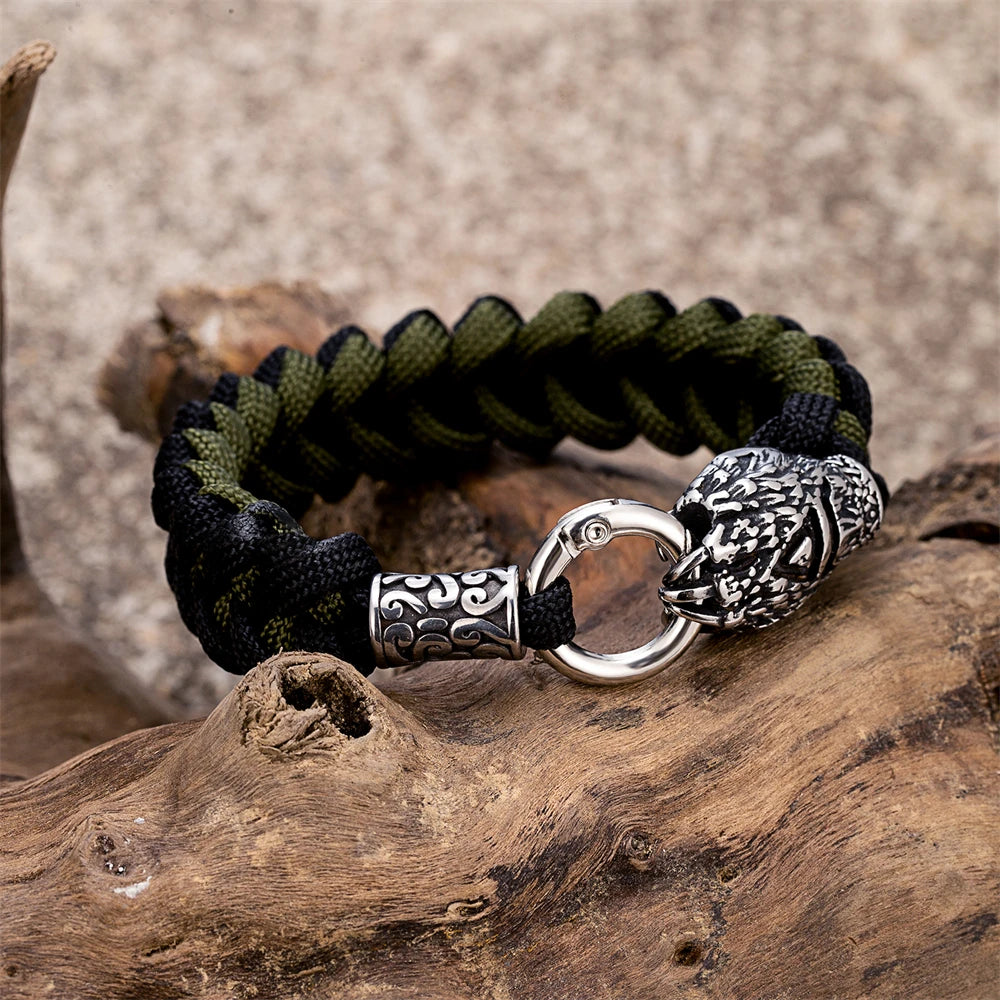 Vikings Runes Bear Claw Survival Bracelet Stainless Steel Norse Wolf Braided Paracord Rope Wristband Men Charm Handmade Jewelry