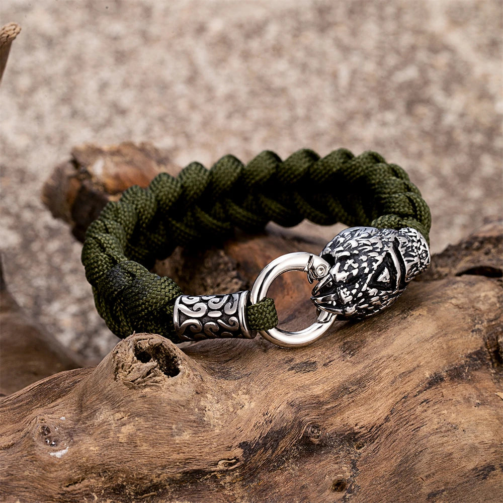 Vikings Runes Bear Claw Survival Bracelet Stainless Steel Norse Wolf Braided Paracord Rope Wristband Men Charm Handmade Jewelry