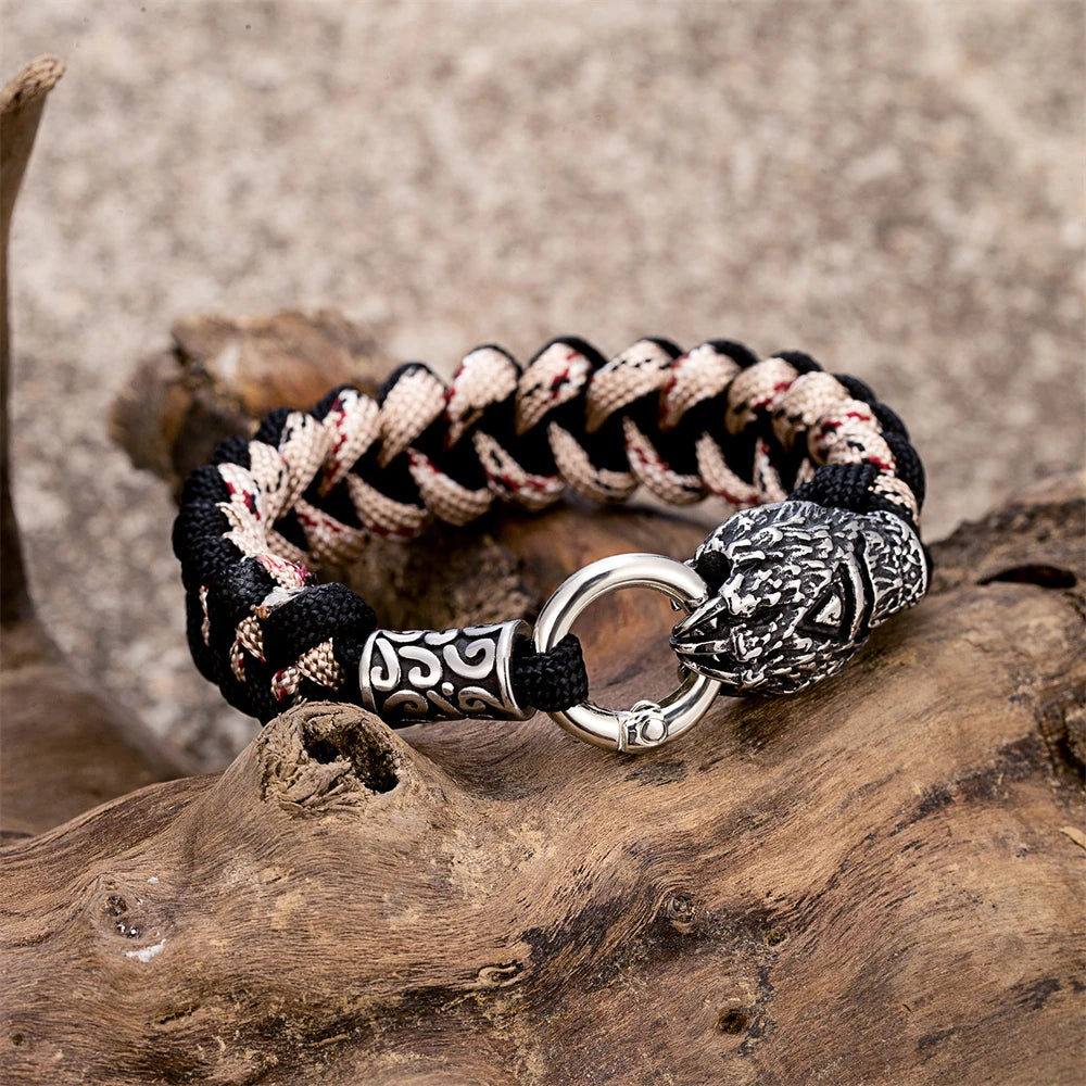 Vikings Runes Bear Claw Survival Bracelet Stainless Steel Norse Wolf Braided Paracord Rope Wristband Men Charm Handmade Jewelry