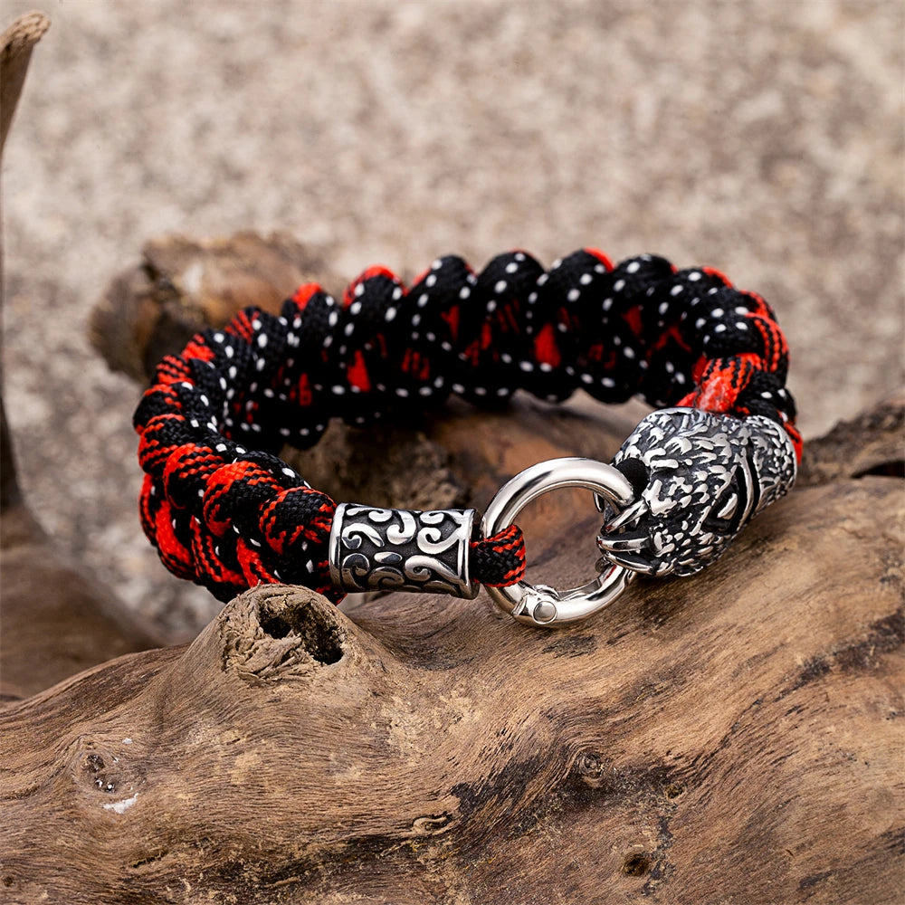 Vikings Runes Bear Claw Survival Bracelet Stainless Steel Norse Wolf Braided Paracord Rope Wristband Men Charm Handmade Jewelry