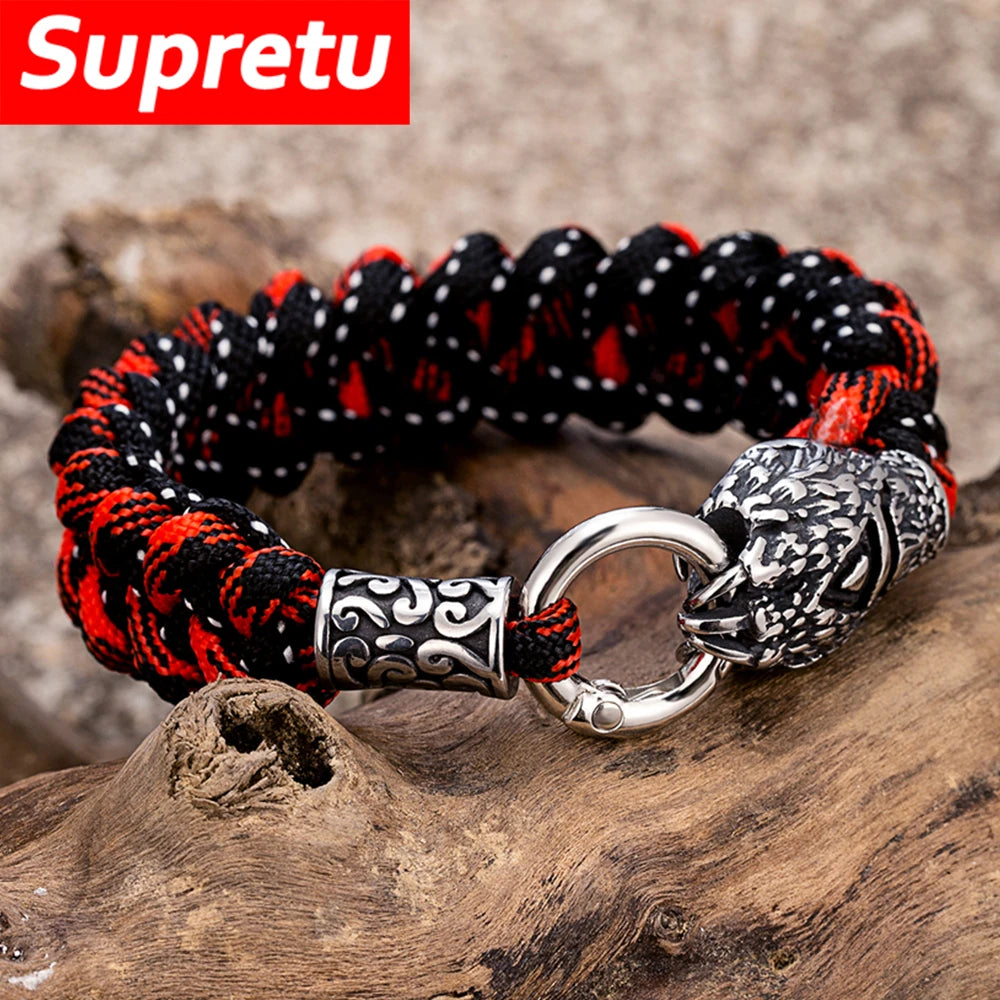 Vikings Runes Bear Claw Survival Bracelet Stainless Steel Norse Wolf Braided Paracord Rope Wristband Men Charm Handmade Jewelry