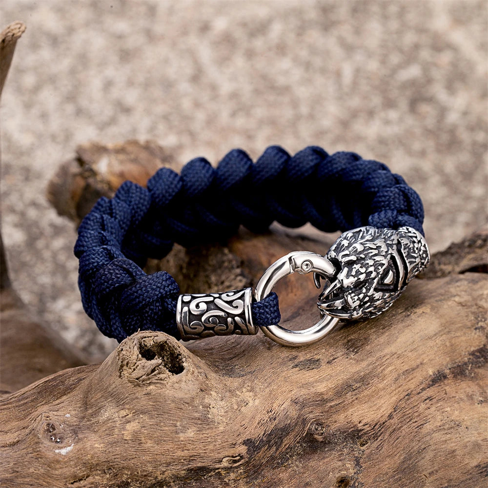 Vikings Runes Bear Claw Survival Bracelet Stainless Steel Norse Wolf Braided Paracord Rope Wristband Men Charm Handmade Jewelry