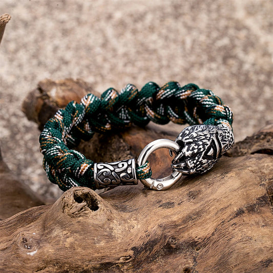 Vikings Runes Bear Claw Survival Bracelet Stainless Steel Norse Wolf Braided Paracord Rope Wristband Men Charm Handmade Jewelry