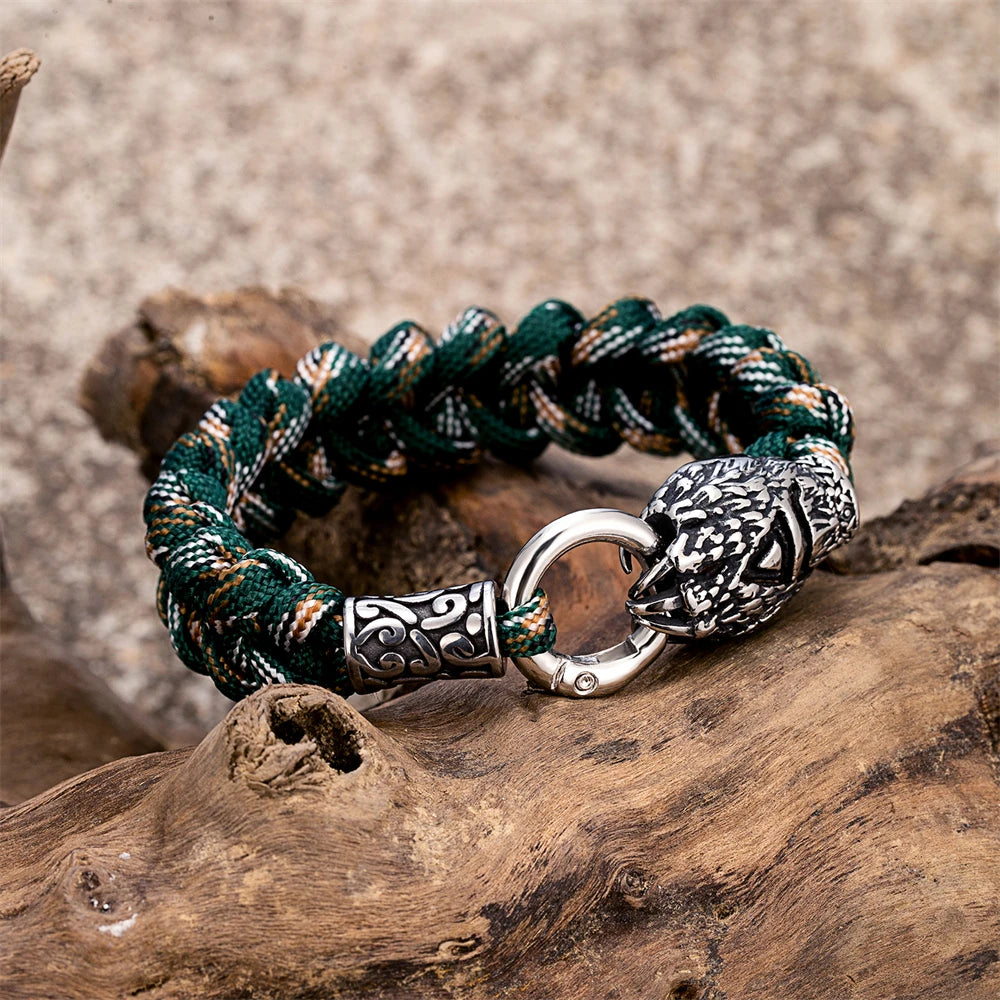 Vikings Runes Bear Claw Survival Bracelet Stainless Steel Norse Wolf Braided Paracord Rope Wristband Men Charm Handmade Jewelry